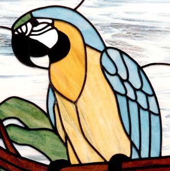 Blue macaw custom stained and leaded glass parrot window