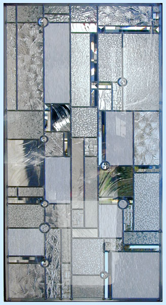 Custom abstract stained and leaded glass door window inspired by Frank Lloyd Wright