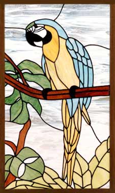 Blue macaw custom stained and leaded glass parrot window