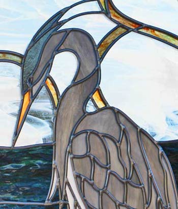 blue heron stained and leaded glass window closeup
