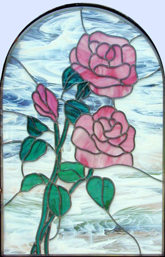 Custom stained and leaded glass pink roses window