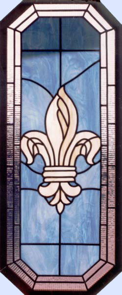 stained and leaded glass octagonal Fleur de Lis window