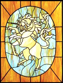 Copper foiled stained glass unicorn window