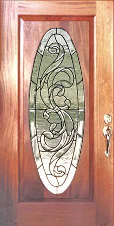 oval mahogany door and leaded glass window