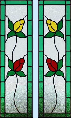 Custom stained and leaded glass rosebuds cabinet door window