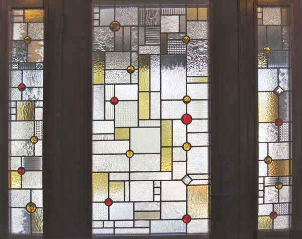 Custom abstract stained and leaded glass entry inspired by frank lloyd wright