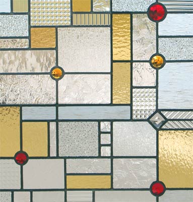 Custom abstract stained and leaded glass entry inspired by frank lloyd wright