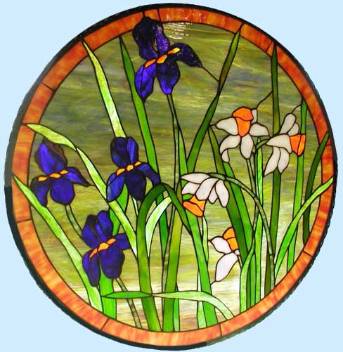 Stained glass window irises and daffodils