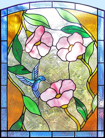 Pretty Hummingbird And Flowers On Stained Glass