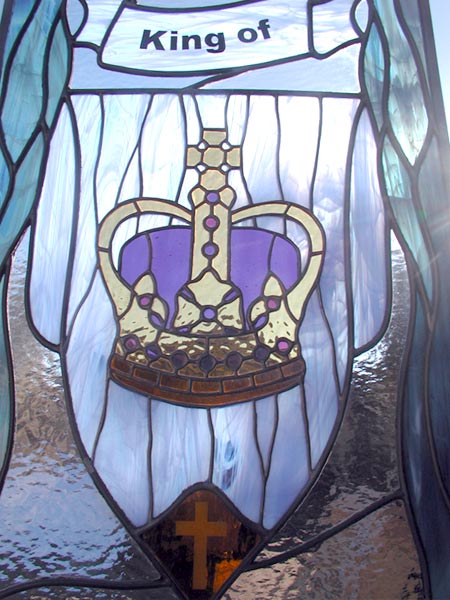 Closeup of King of Kings custom stained glass and leaded glass religious window
