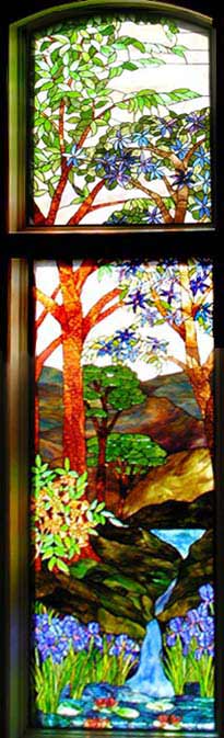 landscape waterfall stained and leaded glass window