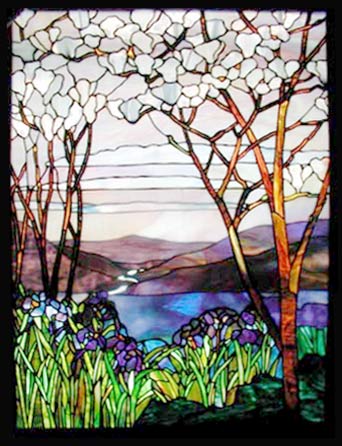 irises and magnolias stained glass Tiffany reproduction window