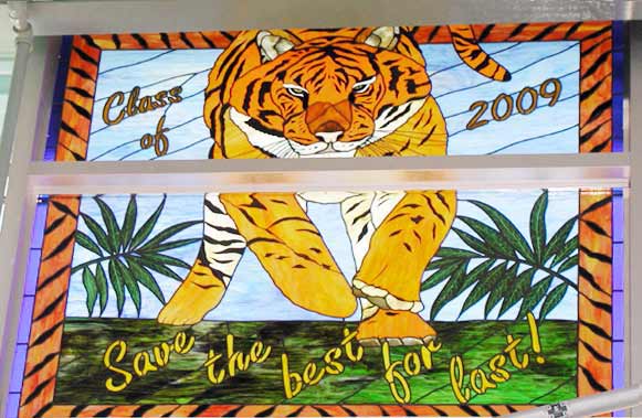 Tiger stained and leaded glass commemorative 2009 school window
