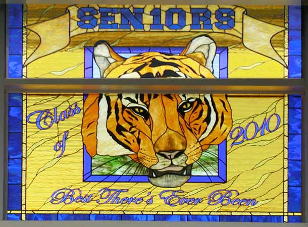Tiger stained and leaded glass commemorative 2010 school window