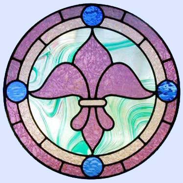 Custom stained and leaded glass Fleur de Lis circle window
