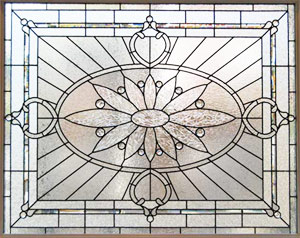 BIG120 large Victorian style leaded glass privacy window installed in garden bath