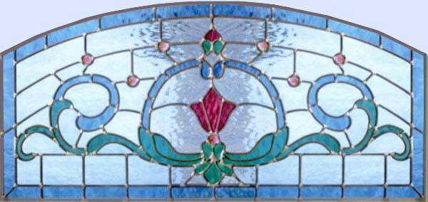 Custom stained and leaded glass Victorian style blue arch transom