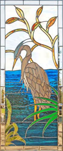Custom great blue heron stained and leaded glass window