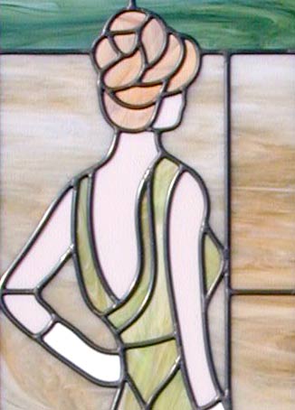 Lady with 2 cats stained and leaded glass window