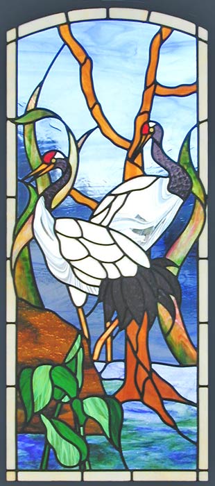 Oriental Cranes Stained and Leaded Glass Window