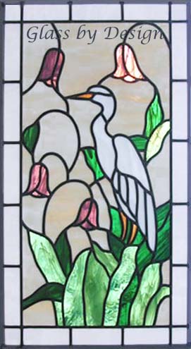 Custom stained and leaded glass egret window