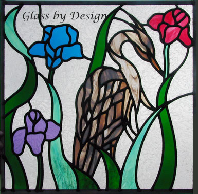 Blue heron leaded stained glass window custom glass design