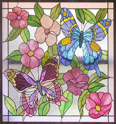 stained and leaded glass butterflies and flowers