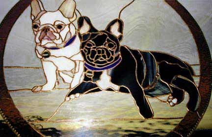 two dogs stained glass window
