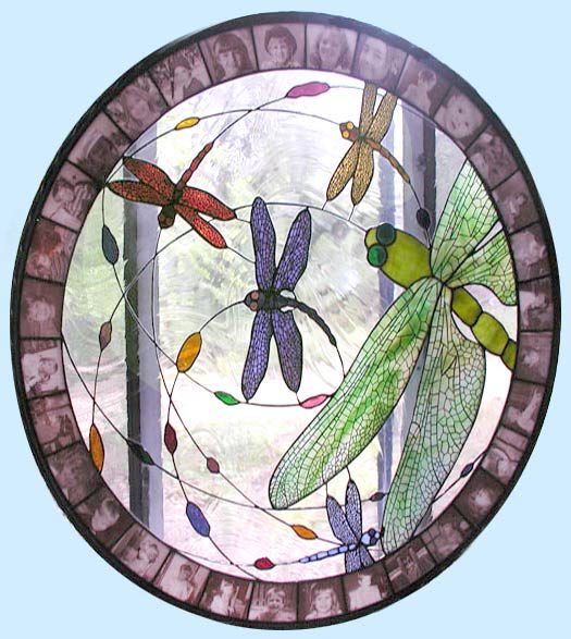 dragonflies dance stained glass window