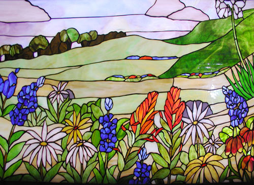 Custom stained glass window of wild flowers of Texas