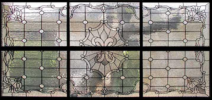 large sectioned leaded glass Fleur de Lis Victorian style window