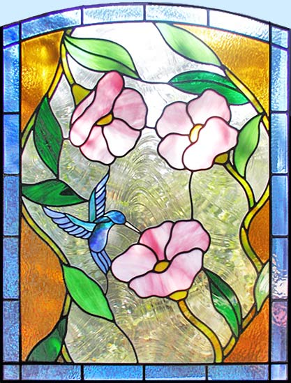 Custom stained leaded glass hummingbird flowers window