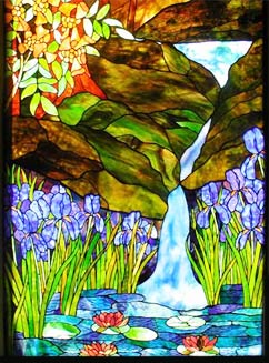stained glass landscape with waterfall window by Jack McCoy