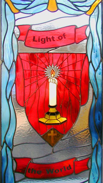 Closeup of Light of the World custom stained glass and leaded glass spiritual window