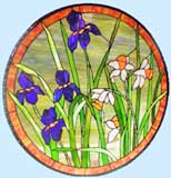 Custom stained glass irises and daffodils circular window by Jack McCoy