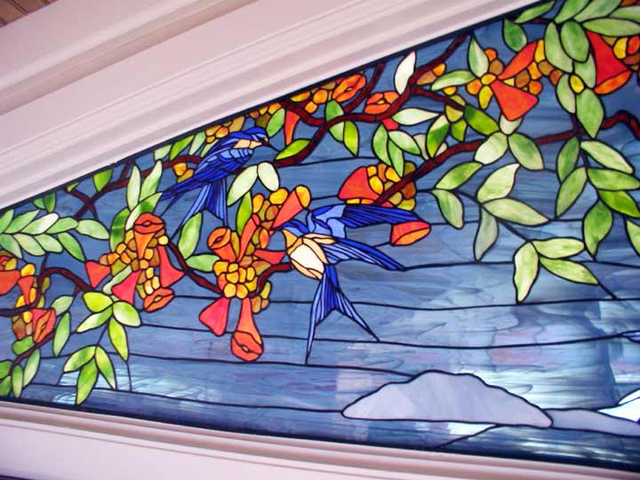 Custom Trumpet Vine, Birds and Butterflies Stained Glass Custom Window