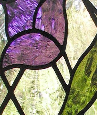 Closeup of custom stained and leaded Diamond tulip window