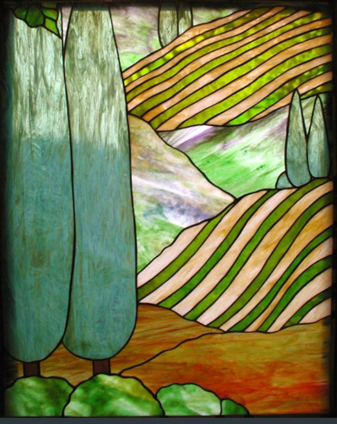 Tuscan landscape stained glass window custom