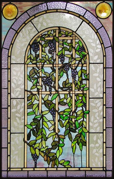 Custom stained and leaded glass Victorian style Wisteria window